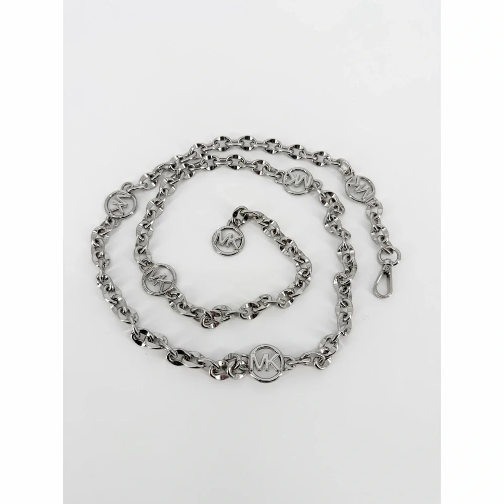Michael Kors Silver Tone Metal Chain Link Belt With Round MK Logo Size L/XL
